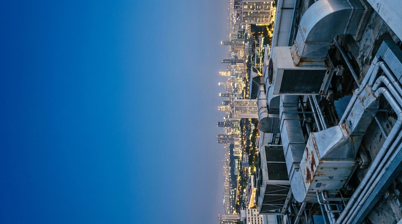 Rooftop ventilation units at dusk